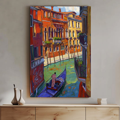 Impressionist painting of a Venetian canal with colourful buildings and a gondolier in a blue gondola.