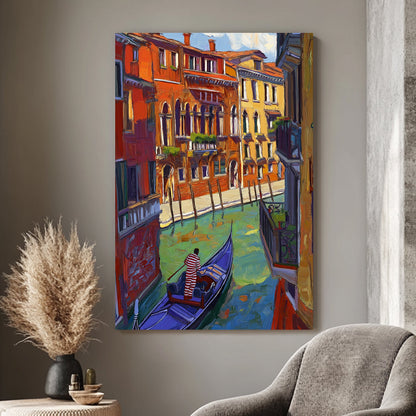 Impressionist painting of a Venetian canal with colourful buildings and a gondolier in a blue gondola.