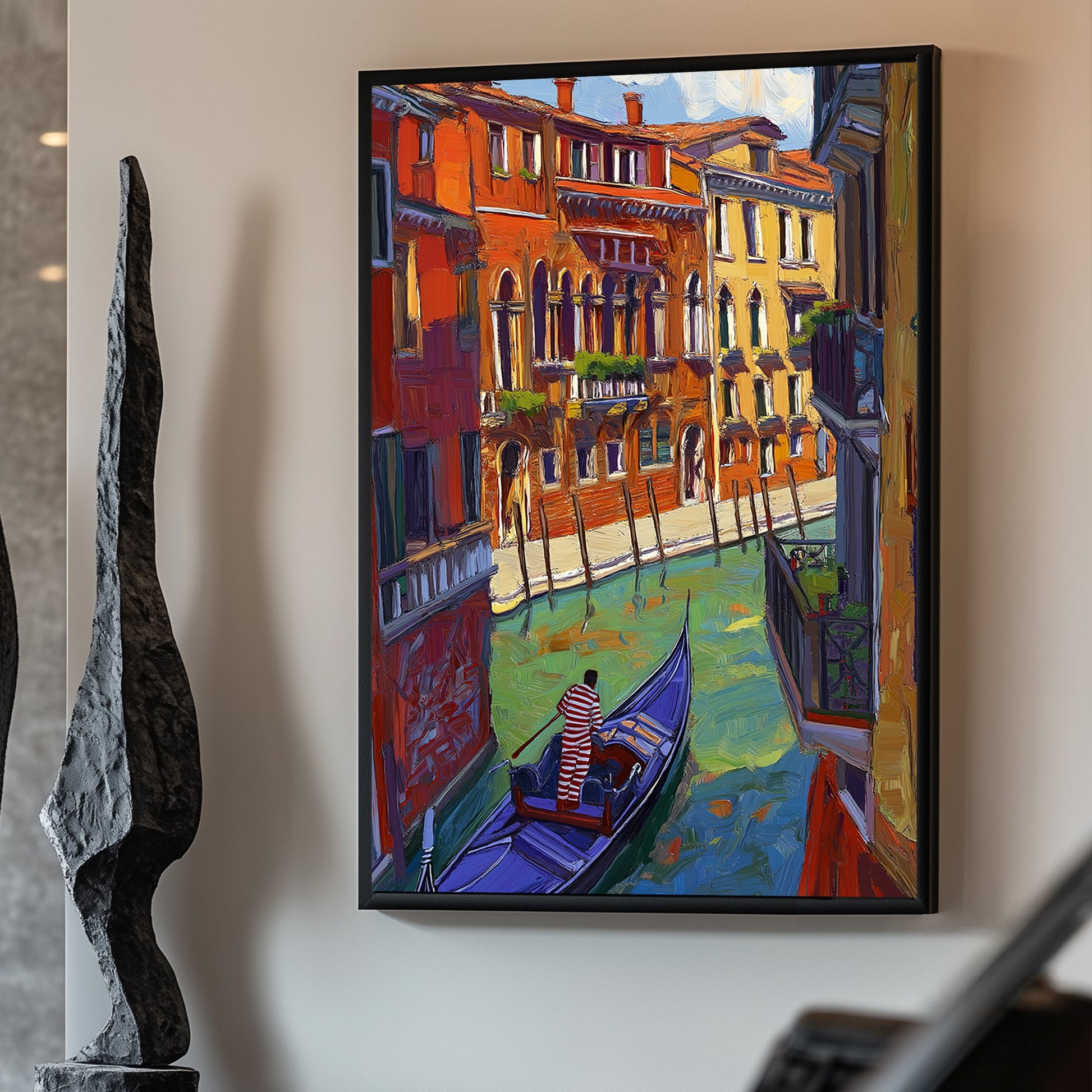 Impressionist painting of a Venetian canal with colourful buildings and a gondolier in a blue gondola.