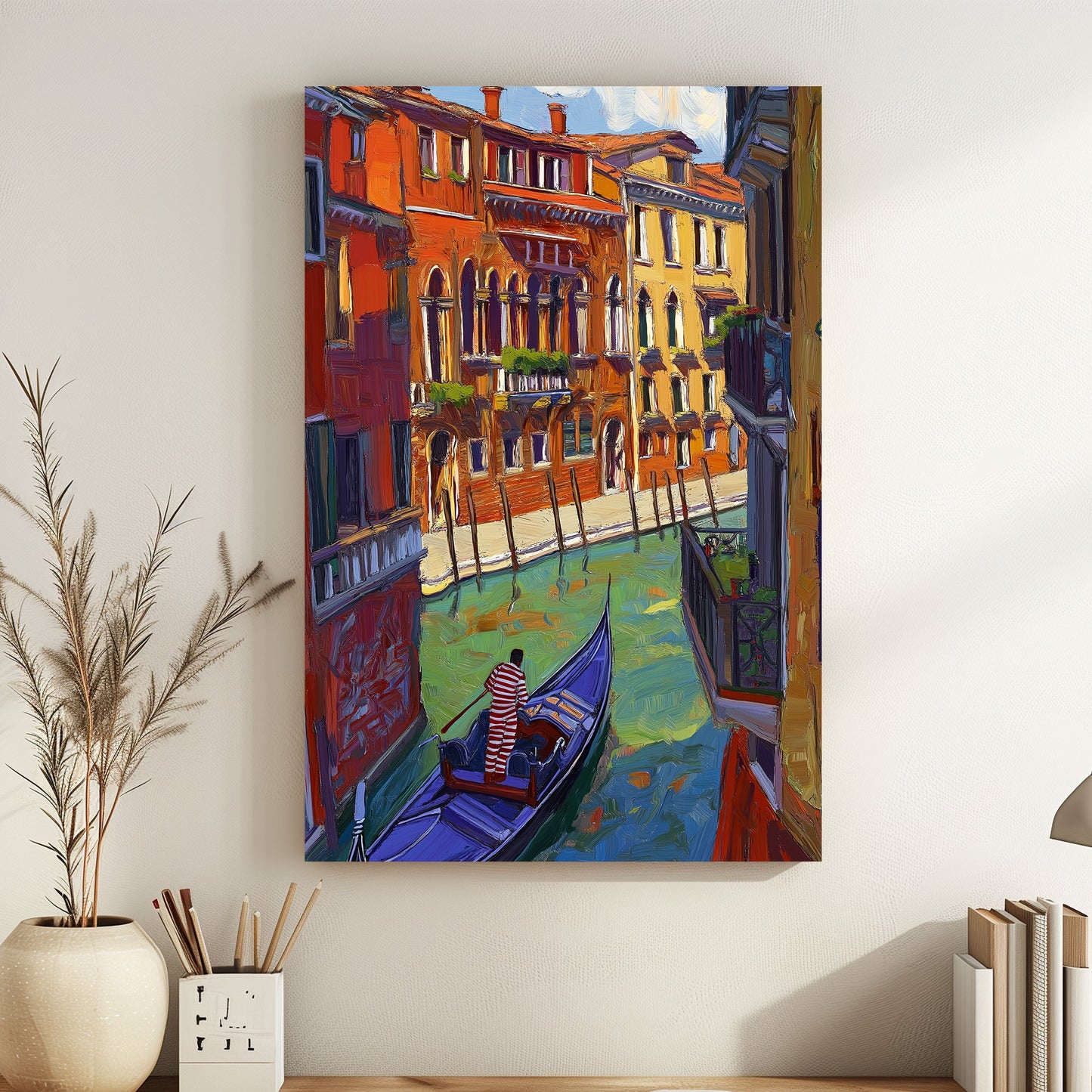 Impressionist painting of a Venetian canal with colourful buildings and a gondolier in a blue gondola.