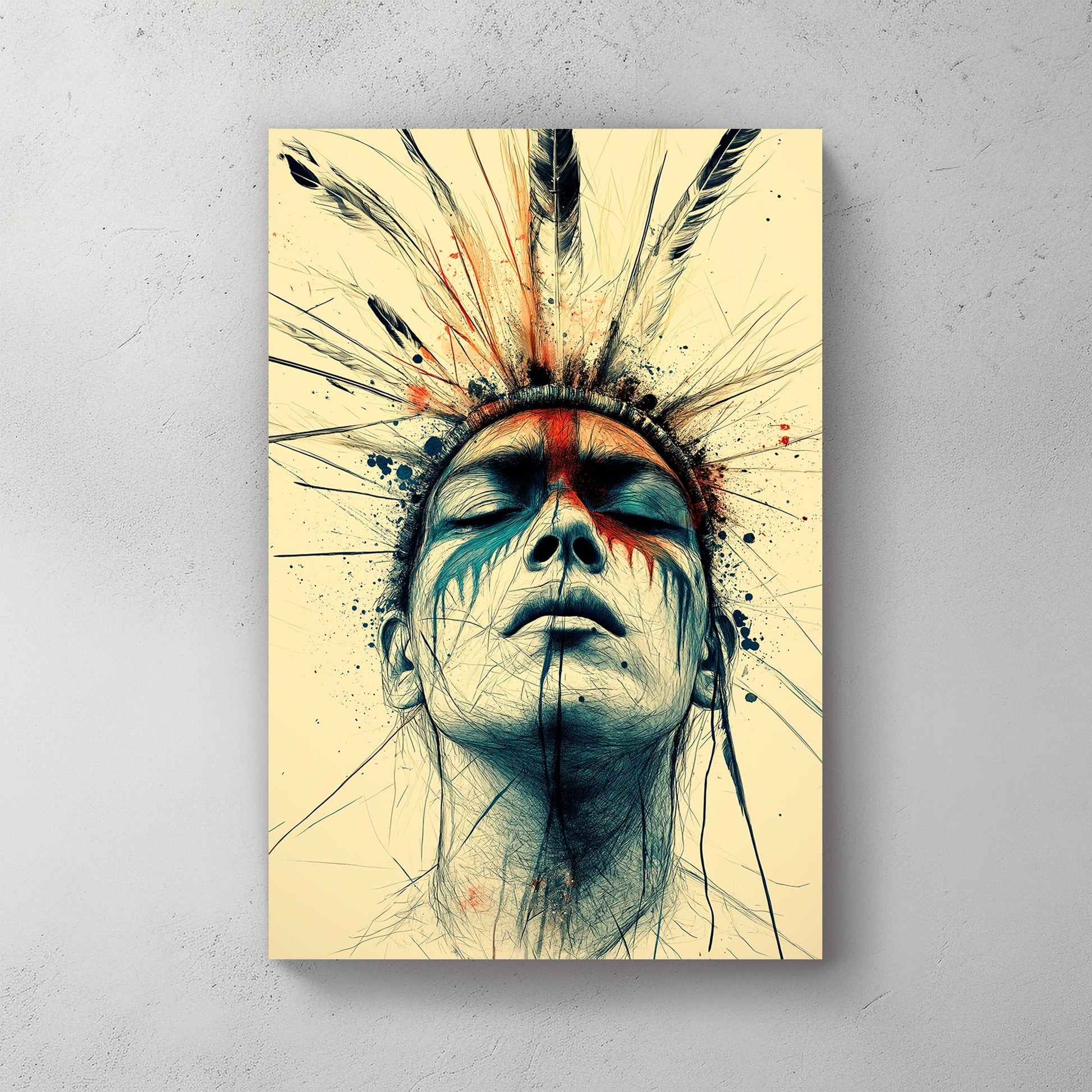 Contemporary artwork of a serene face with feathered headdress, featuring vivid red and blue accents and fine ink-like detailing.