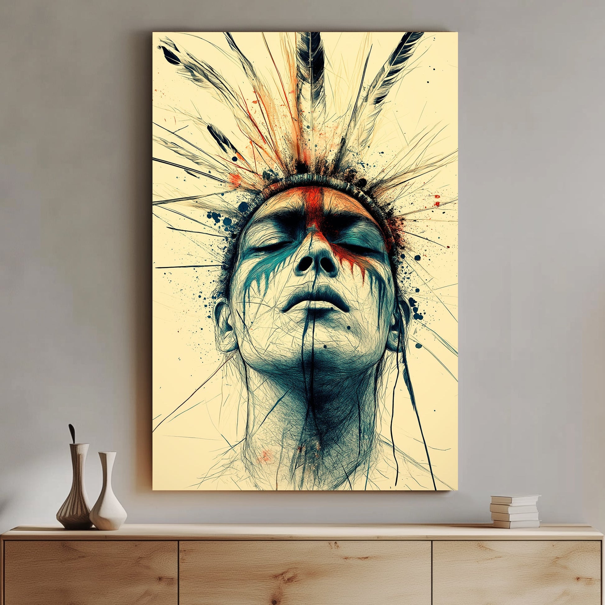 Contemporary artwork of a serene face with feathered headdress, featuring vivid red and blue accents and fine ink-like detailing.