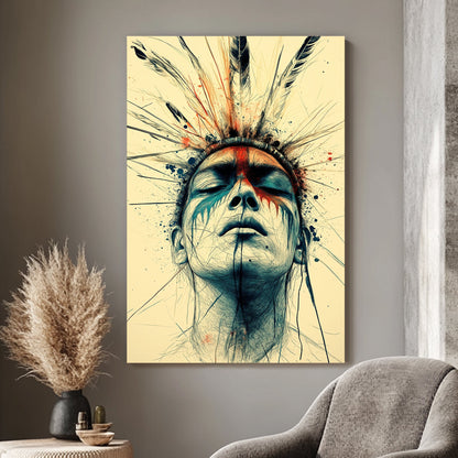 Contemporary artwork of a serene face with feathered headdress, featuring vivid red and blue accents and fine ink-like detailing.