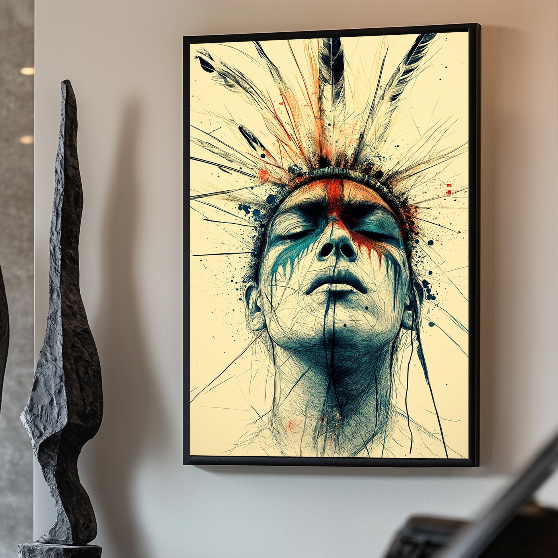 Contemporary artwork of a serene face with feathered headdress, featuring vivid red and blue accents and fine ink-like detailing.