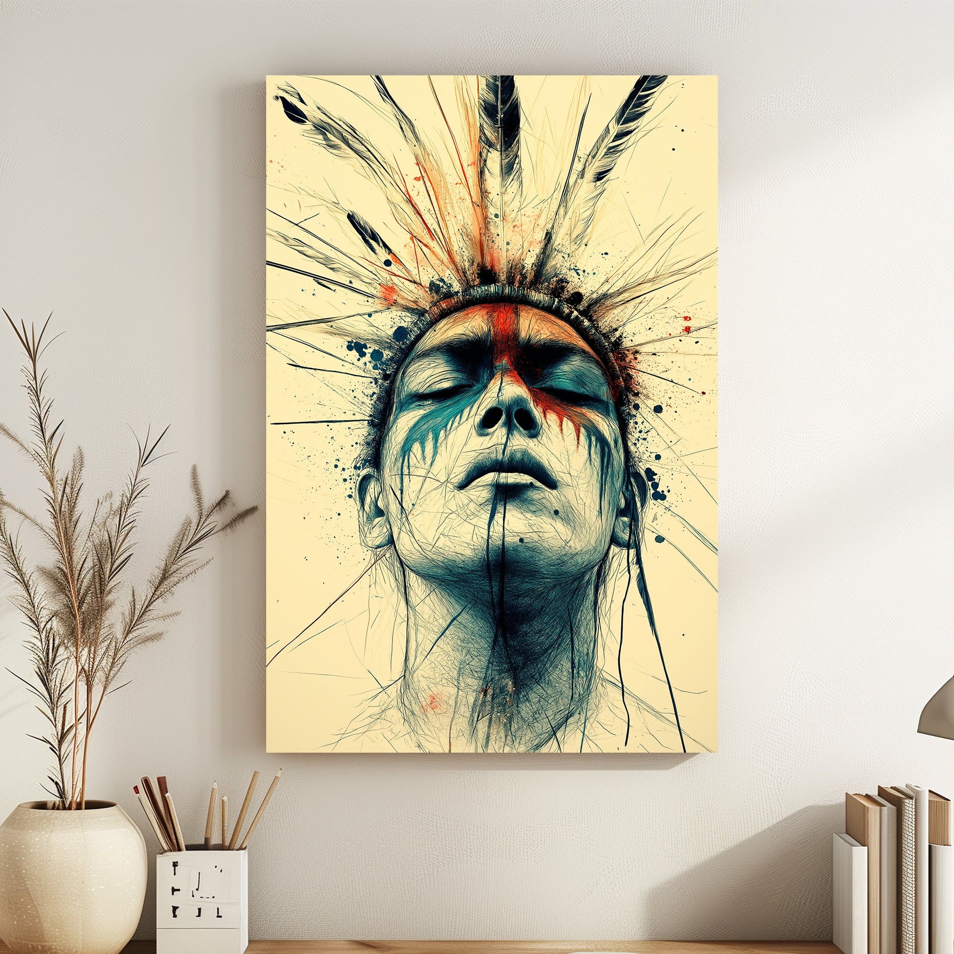 Contemporary artwork of a serene face with feathered headdress, featuring vivid red and blue accents and fine ink-like detailing.