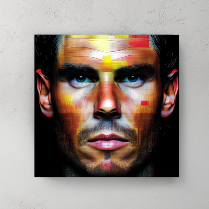 Digital portrait of Rafael Nadal with geometric mosaic patterns in red, yellow, and orange hues on a black background.