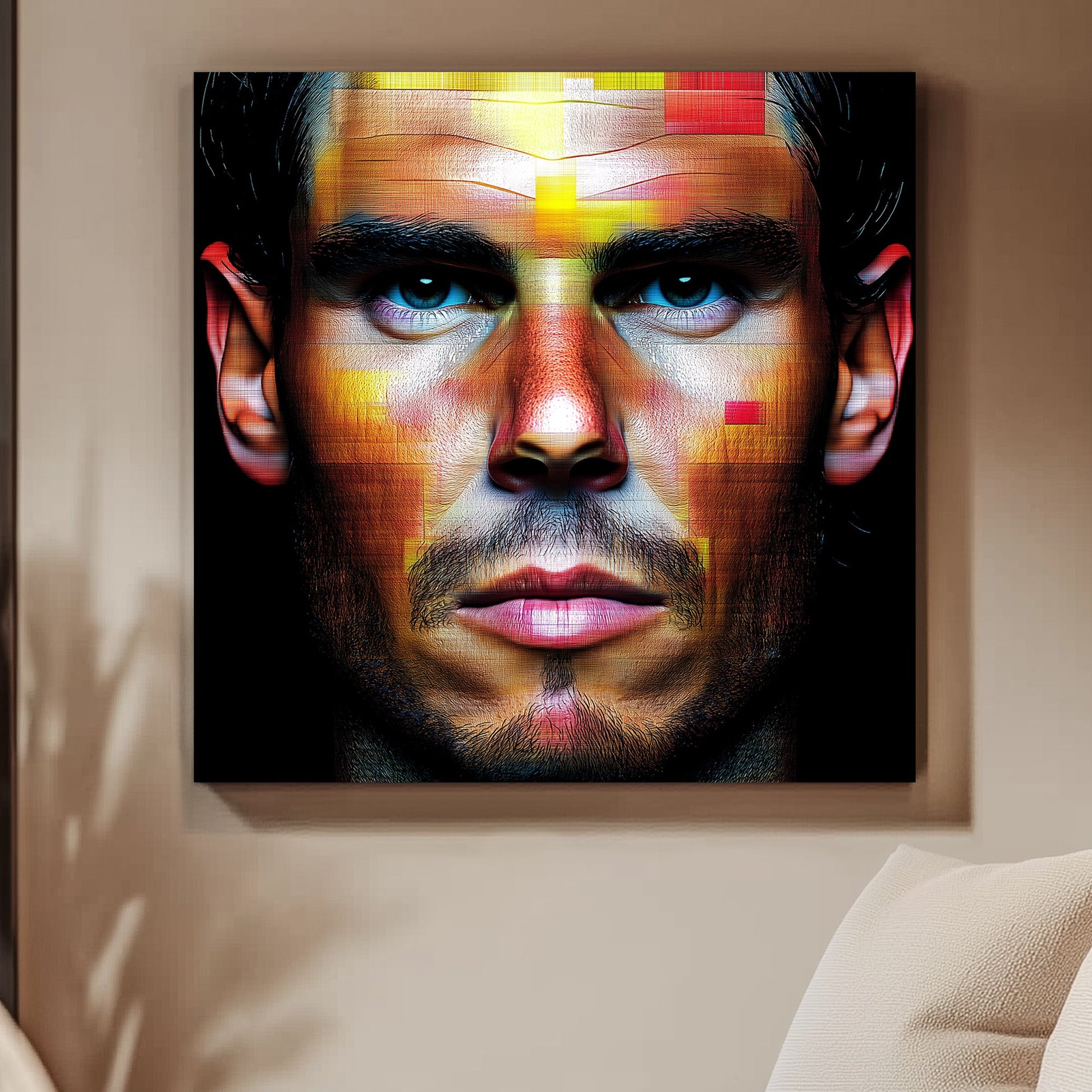 Digital portrait of Rafael Nadal with geometric mosaic patterns in red, yellow, and orange hues on a black background.