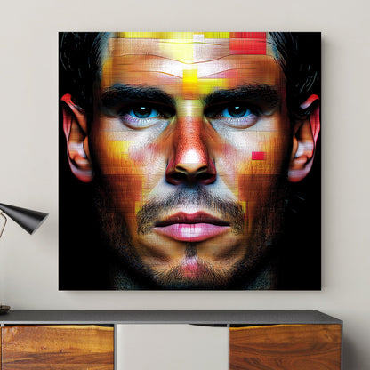 Digital portrait of Rafael Nadal with geometric mosaic patterns in red, yellow, and orange hues on a black background.