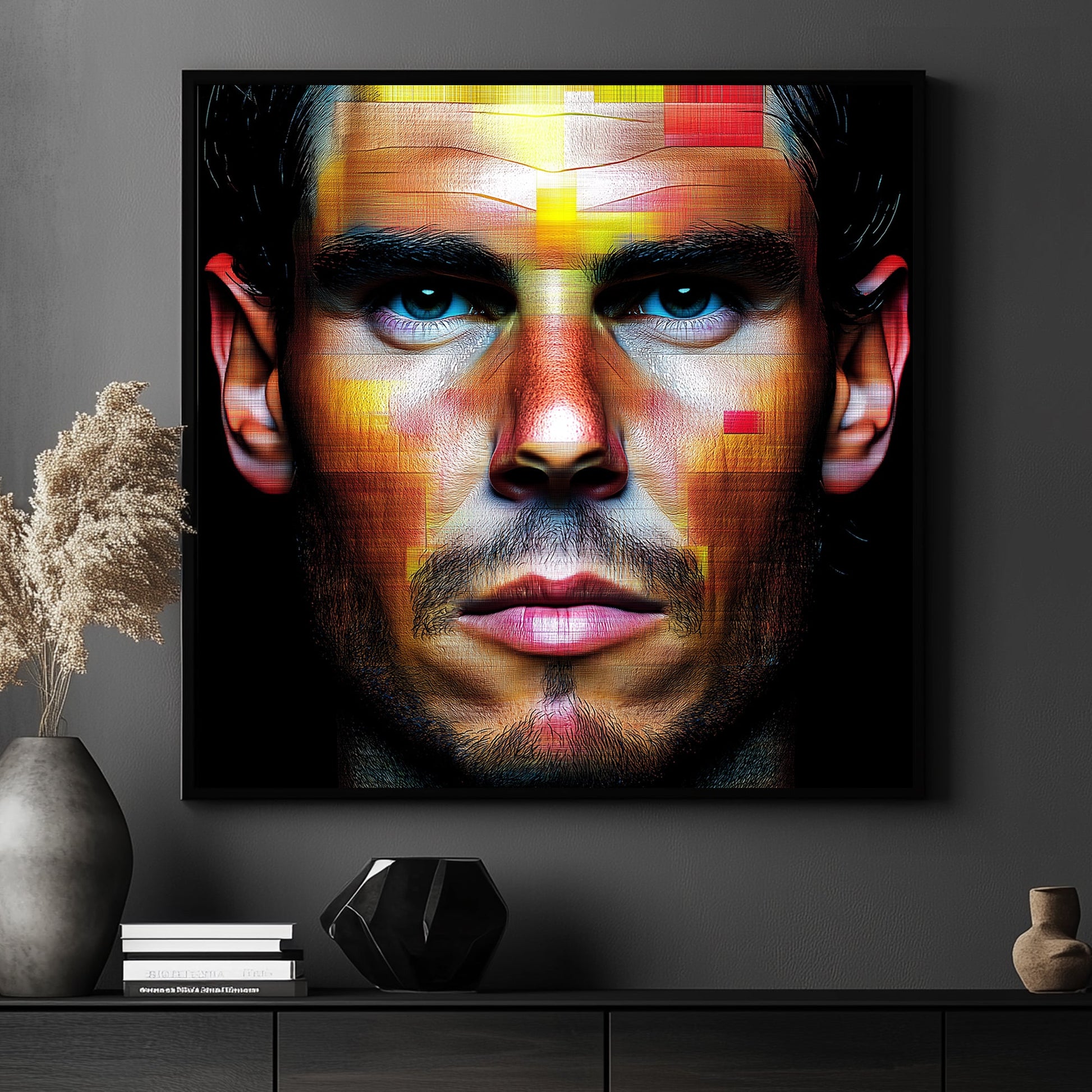 Digital portrait of Rafael Nadal with geometric mosaic patterns in red, yellow, and orange hues on a black background.