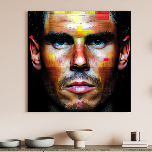 Digital portrait of Rafael Nadal with geometric mosaic patterns in red, yellow, and orange hues on a black background.