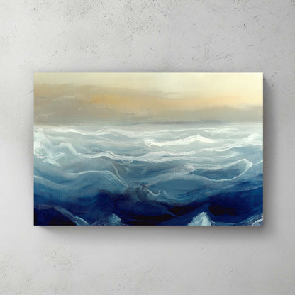 Impressionistic painting of ocean waves in shades of blue and white under a soft, beige horizon.