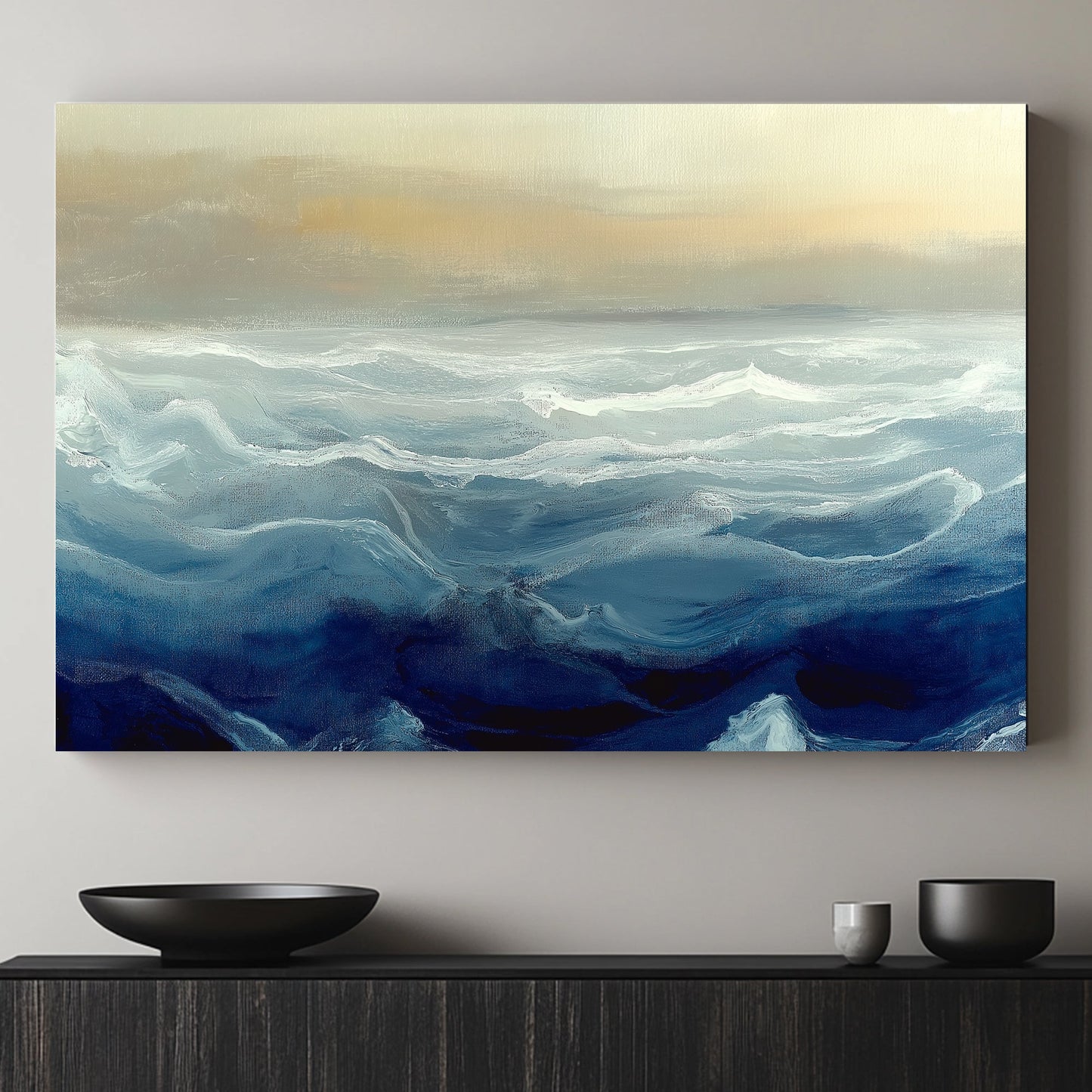 Impressionistic painting of ocean waves in shades of blue and white under a soft, beige horizon.