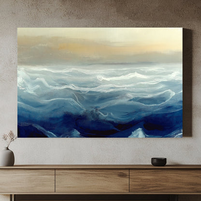 Impressionistic painting of ocean waves in shades of blue and white under a soft, beige horizon.