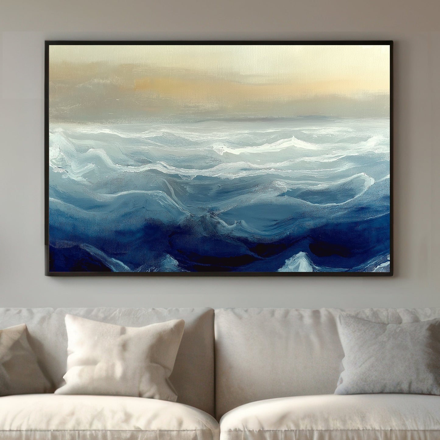 Impressionistic painting of ocean waves in shades of blue and white under a soft, beige horizon.