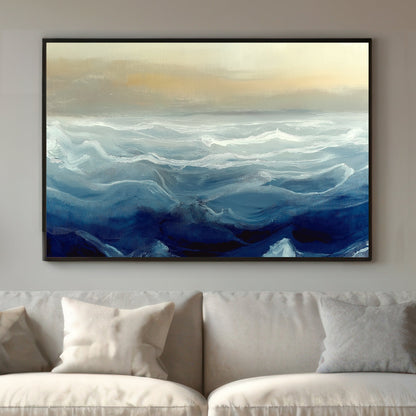 Impressionistic painting of ocean waves in shades of blue and white under a soft, beige horizon.