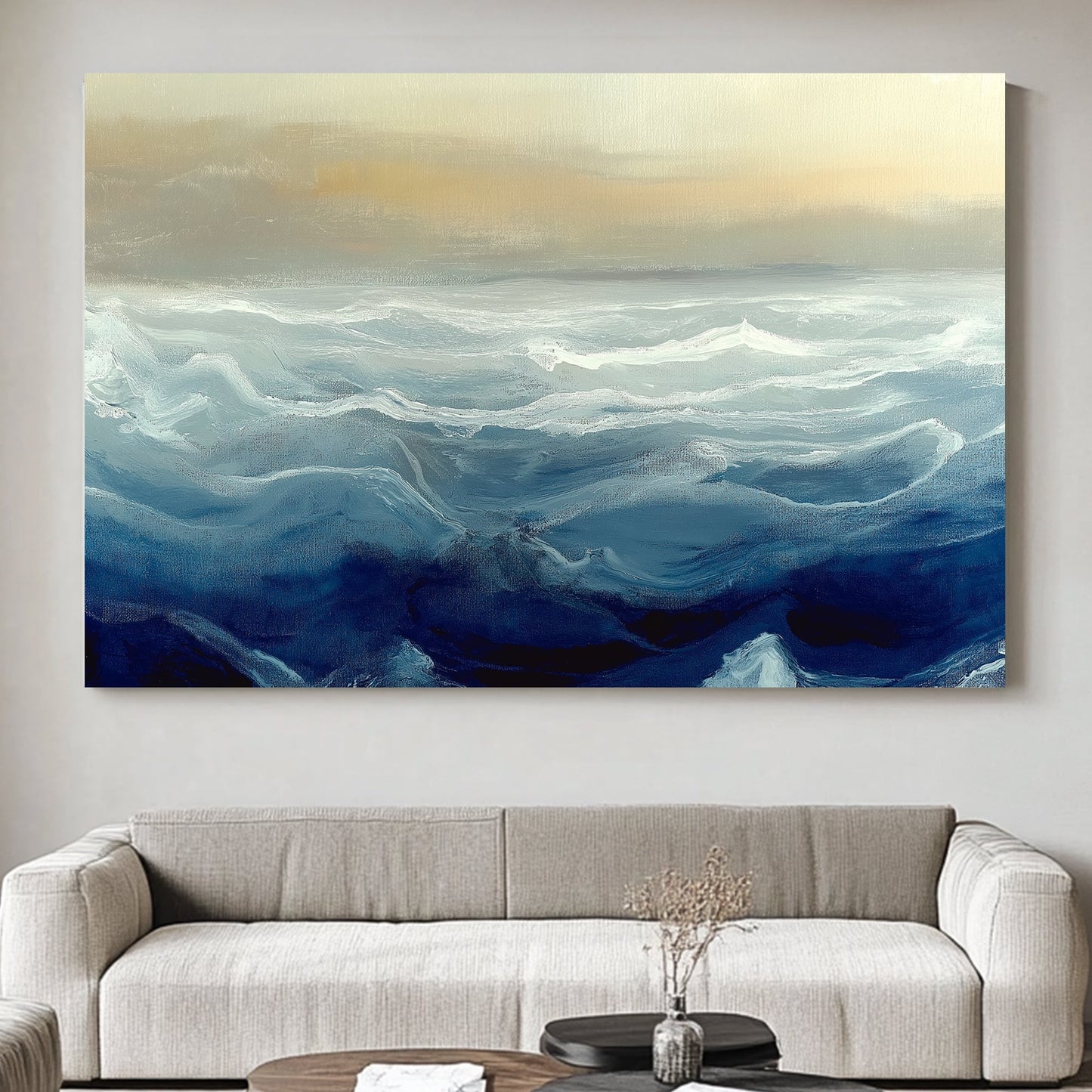 Impressionistic painting of ocean waves in shades of blue and white under a soft, beige horizon.