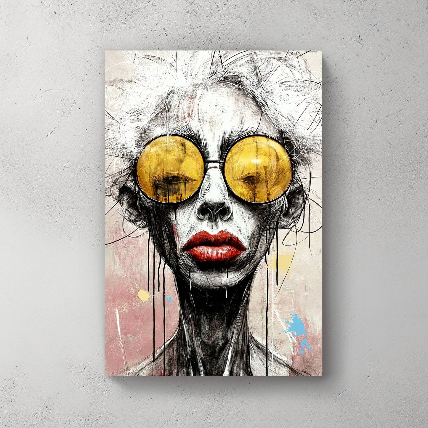 Contemporary expressionist portrait of a figure with golden sunglasses, red lips, and abstract sketch-style lines on a soft pastel background.