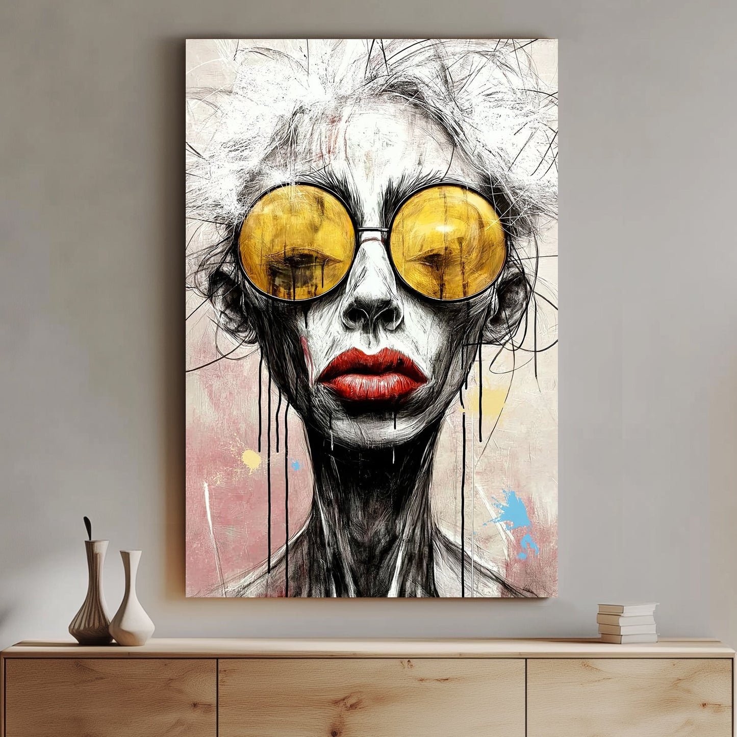 Contemporary expressionist portrait of a figure with golden sunglasses, red lips, and abstract sketch-style lines on a soft pastel background.