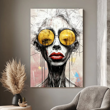 Contemporary expressionist portrait of a figure with golden sunglasses, red lips, and abstract sketch-style lines on a soft pastel background.