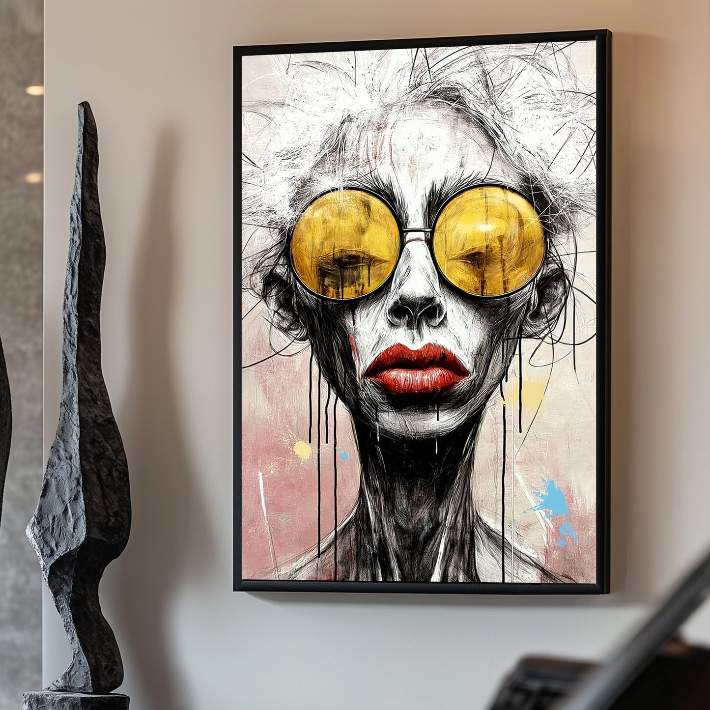 Contemporary expressionist portrait of a figure with golden sunglasses, red lips, and abstract sketch-style lines on a soft pastel background.