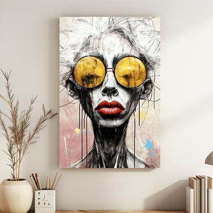 Contemporary expressionist portrait of a figure with golden sunglasses, red lips, and abstract sketch-style lines on a soft pastel background.