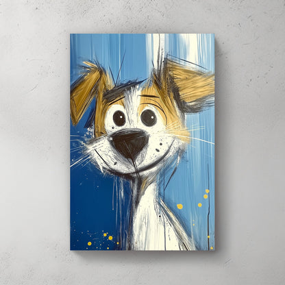 Cartoon-style artwork of a cheerful dog with a vibrant expression, featuring dynamic brushstrokes on a bright blue background.