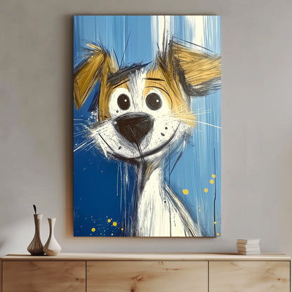 Cartoon-style artwork of a cheerful dog with a vibrant expression, featuring dynamic brushstrokes on a bright blue background.