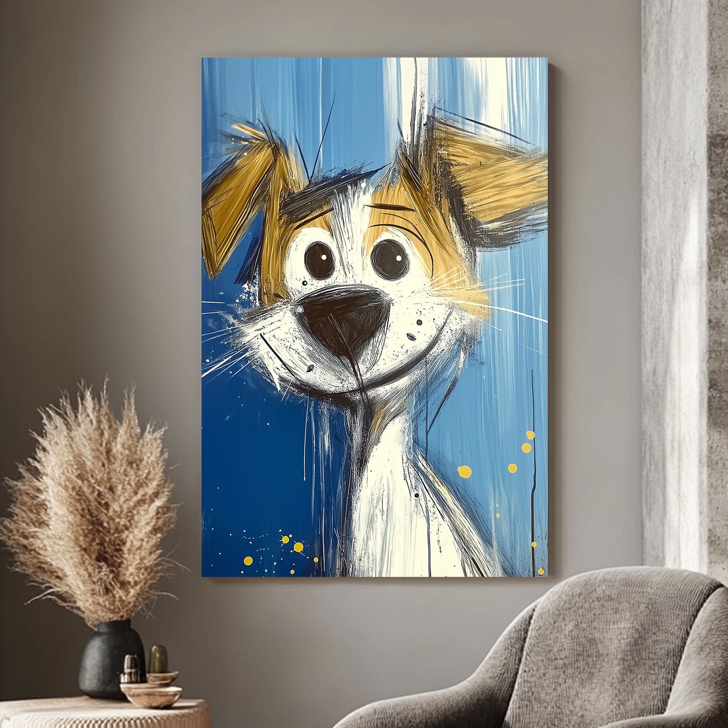 Cartoon-style artwork of a cheerful dog with a vibrant expression, featuring dynamic brushstrokes on a bright blue background.