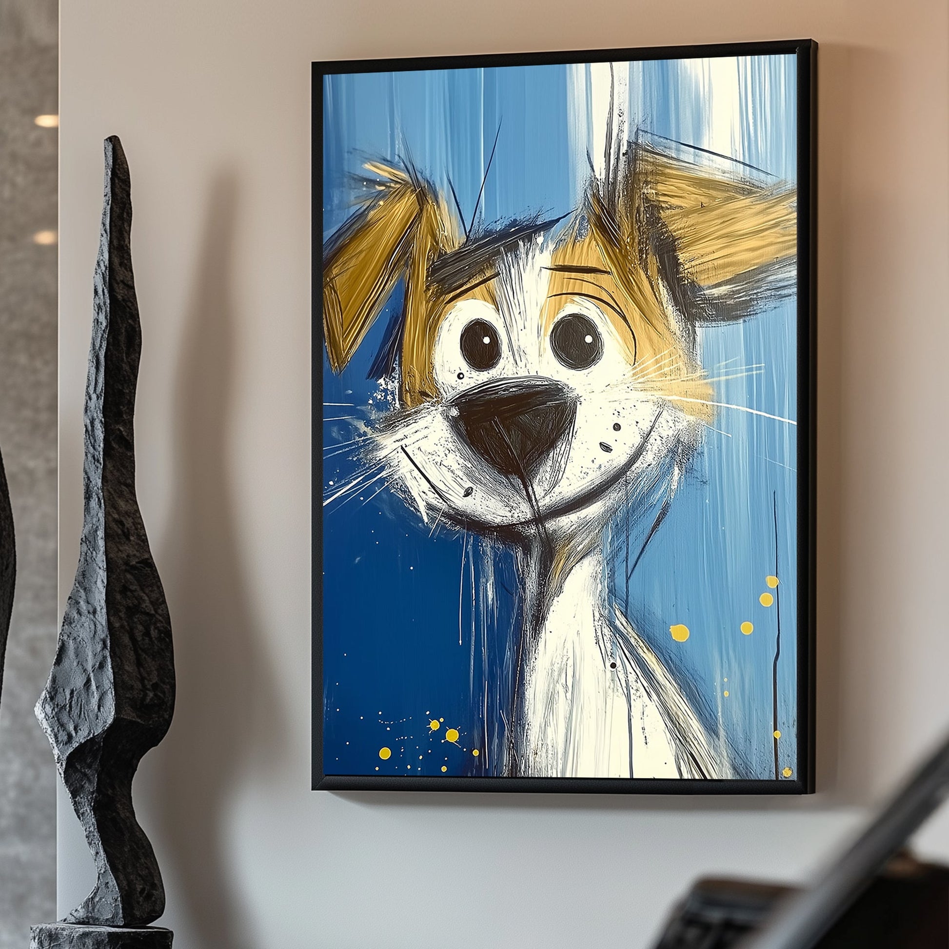 Cartoon-style artwork of a cheerful dog with a vibrant expression, featuring dynamic brushstrokes on a bright blue background.