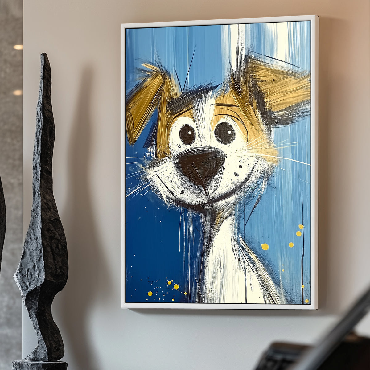 Cartoon-style artwork of a cheerful dog with a vibrant expression, featuring dynamic brushstrokes on a bright blue background.