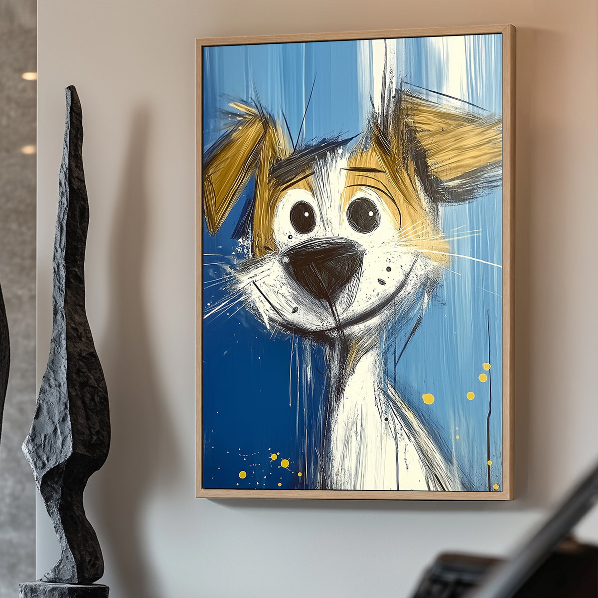 Cartoon-style artwork of a cheerful dog with a vibrant expression, featuring dynamic brushstrokes on a bright blue background.