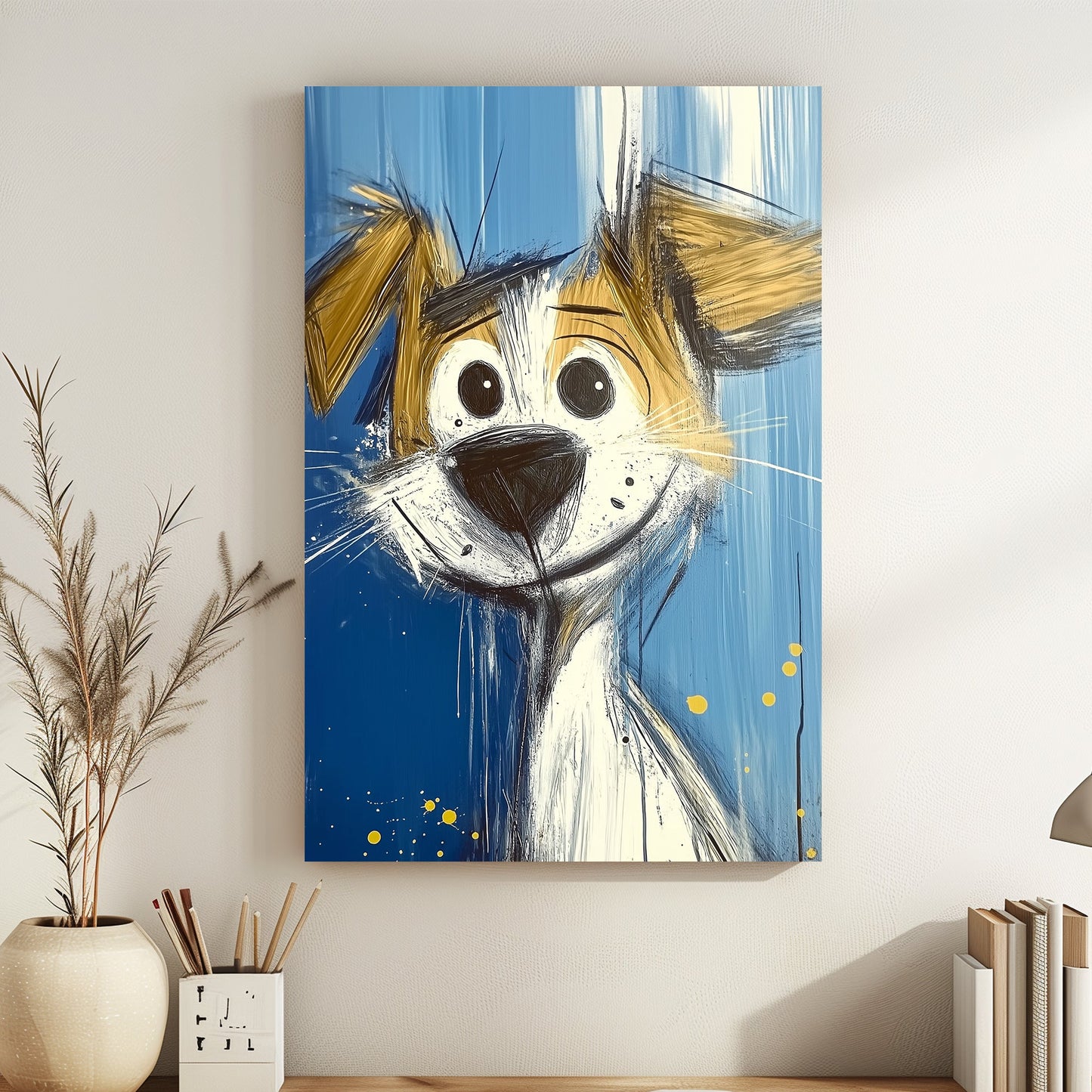 Cartoon-style artwork of a cheerful dog with a vibrant expression, featuring dynamic brushstrokes on a bright blue background.