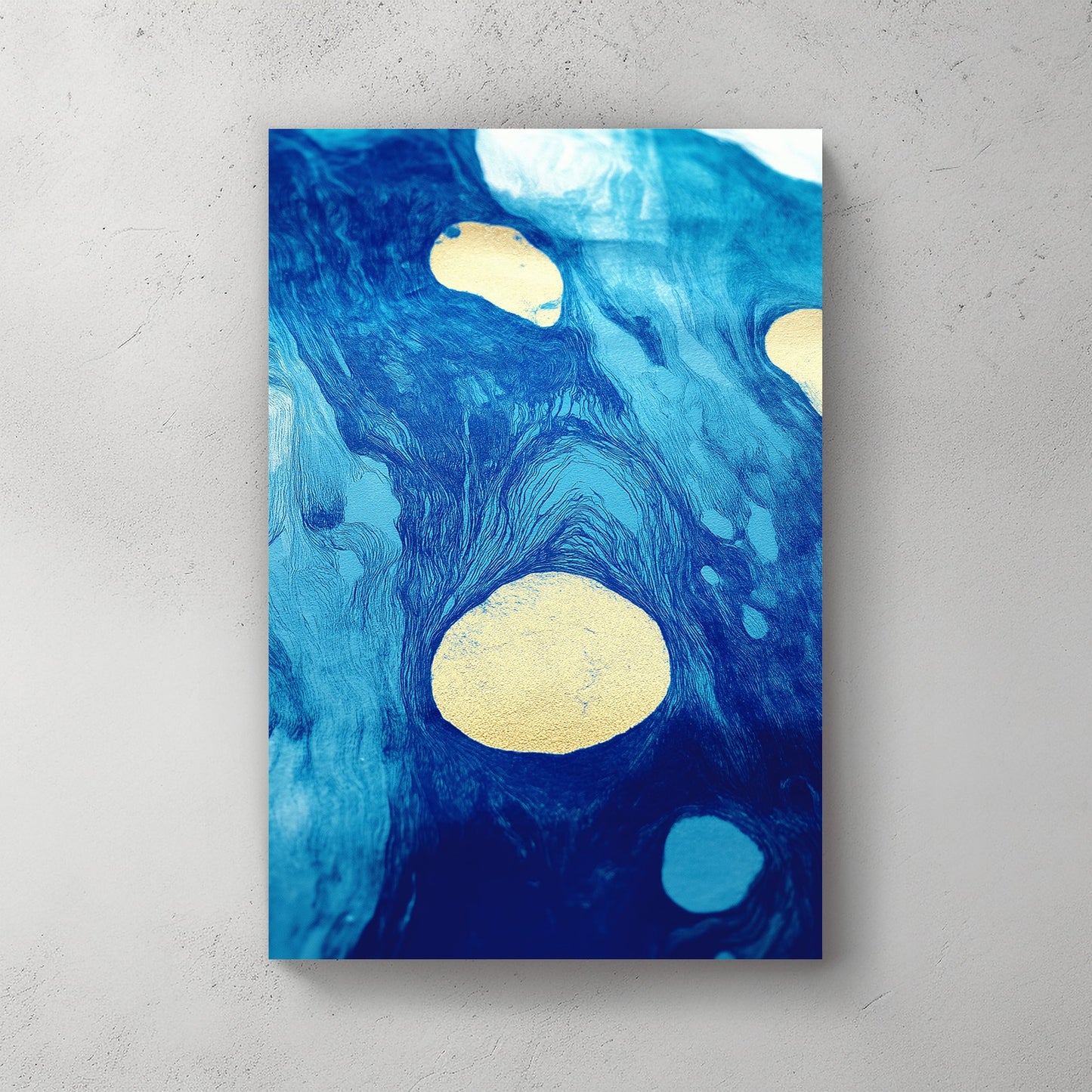 Abstract artwork featuring swirling blue tones with gold accents, resembling flowing water and celestial patterns.