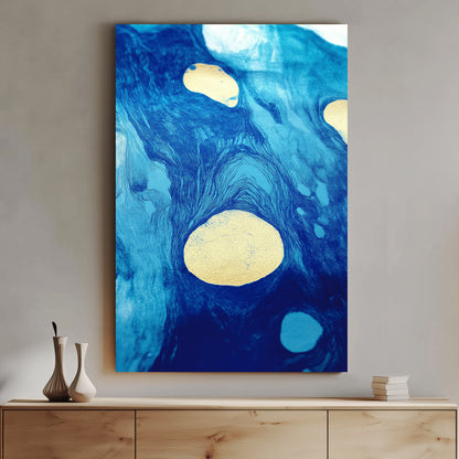 Abstract artwork featuring swirling blue tones with gold accents, resembling flowing water and celestial patterns.