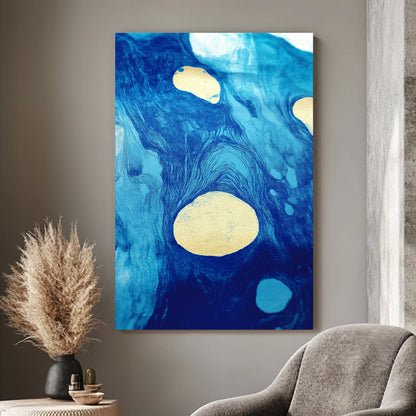 Abstract artwork featuring swirling blue tones with gold accents, resembling flowing water and celestial patterns.