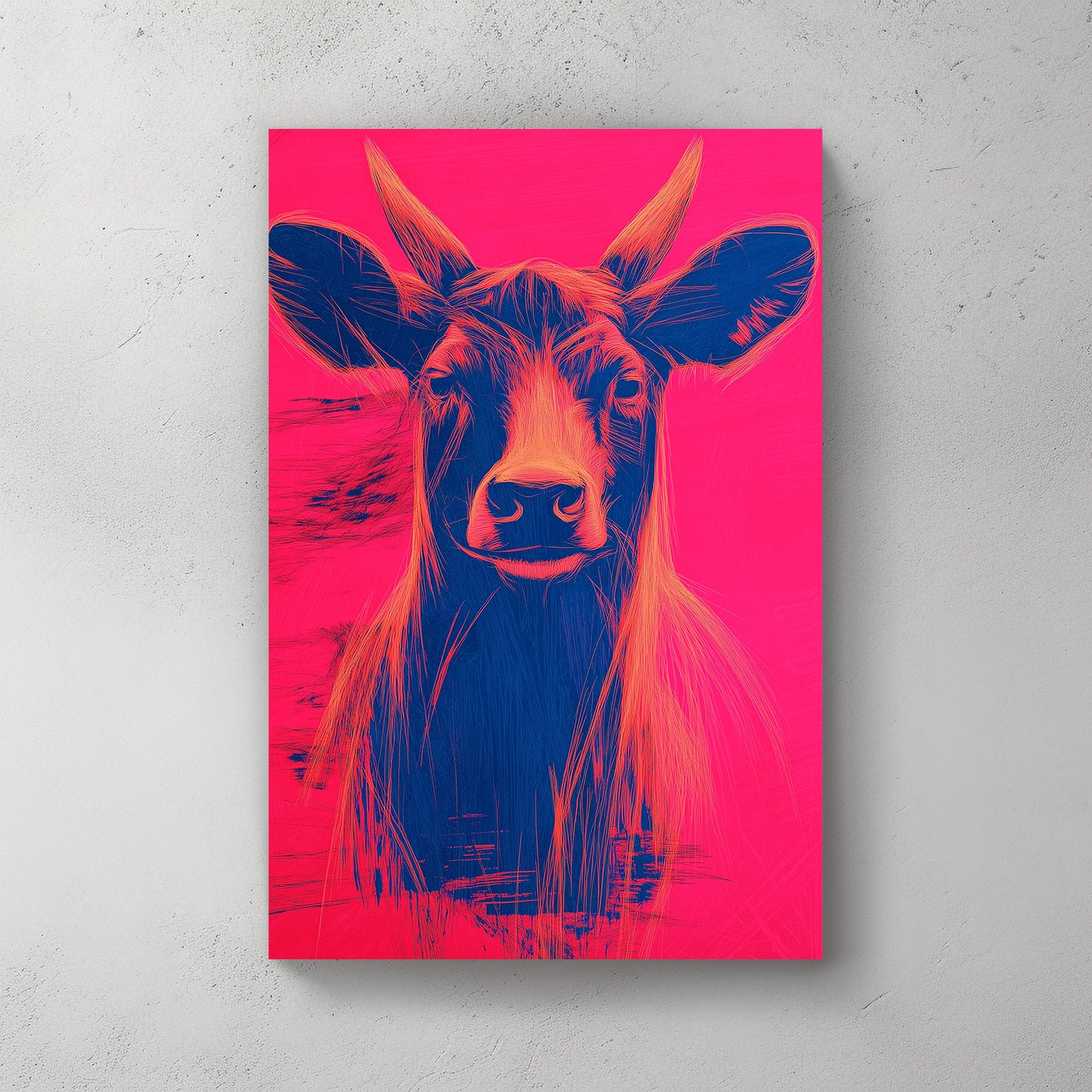 Pop art illustration of a cow with orange and blue highlights against a bright neon pink background.