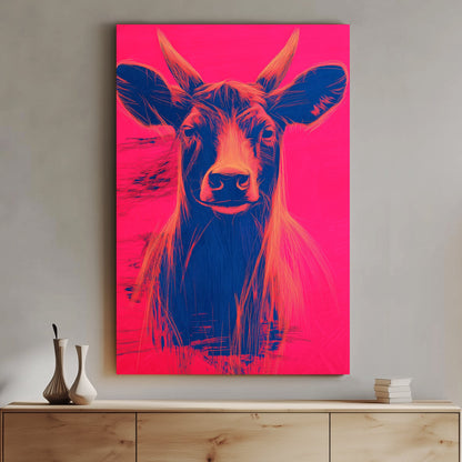 Pop art illustration of a cow with orange and blue highlights against a bright neon pink background.