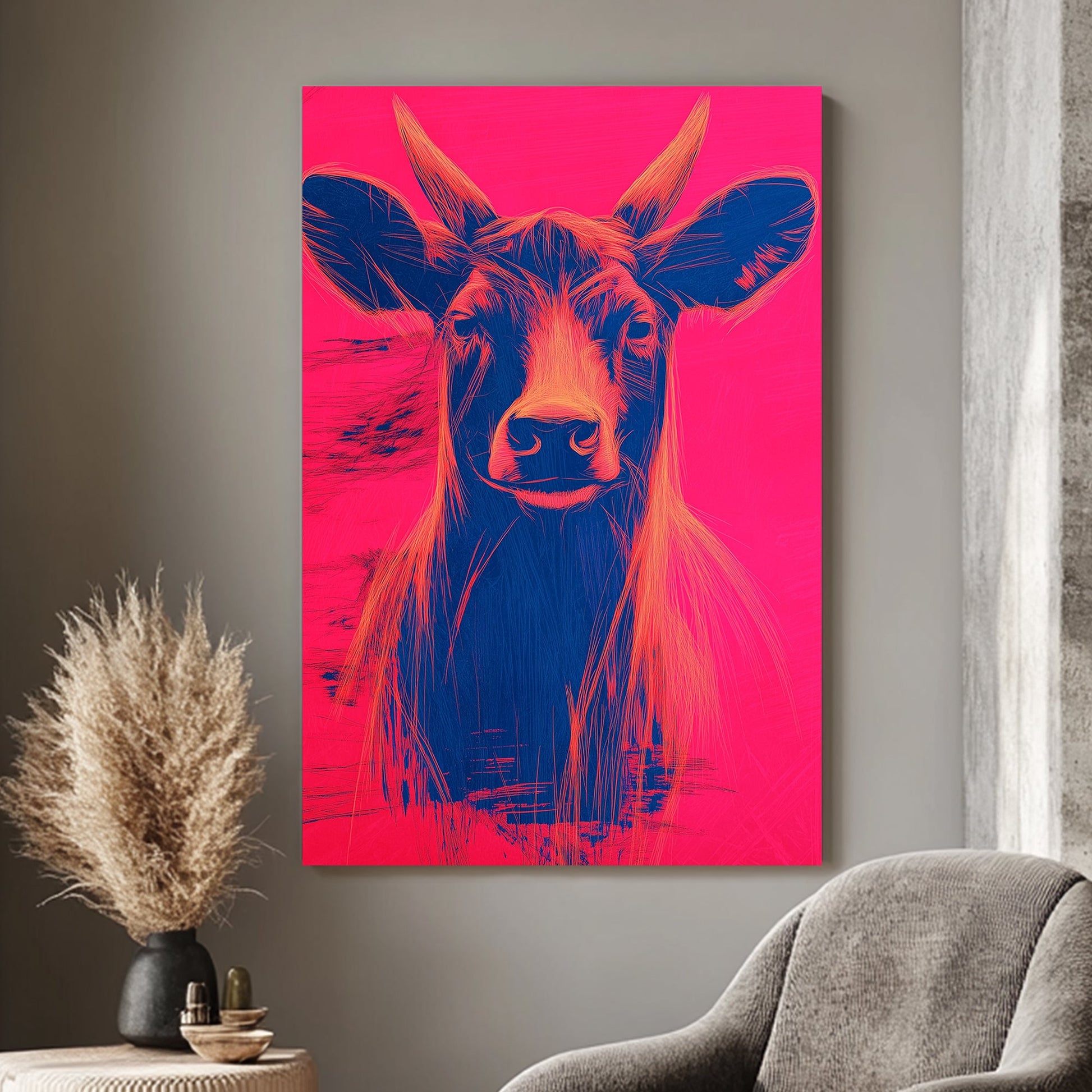 Pop art illustration of a cow with orange and blue highlights against a bright neon pink background.