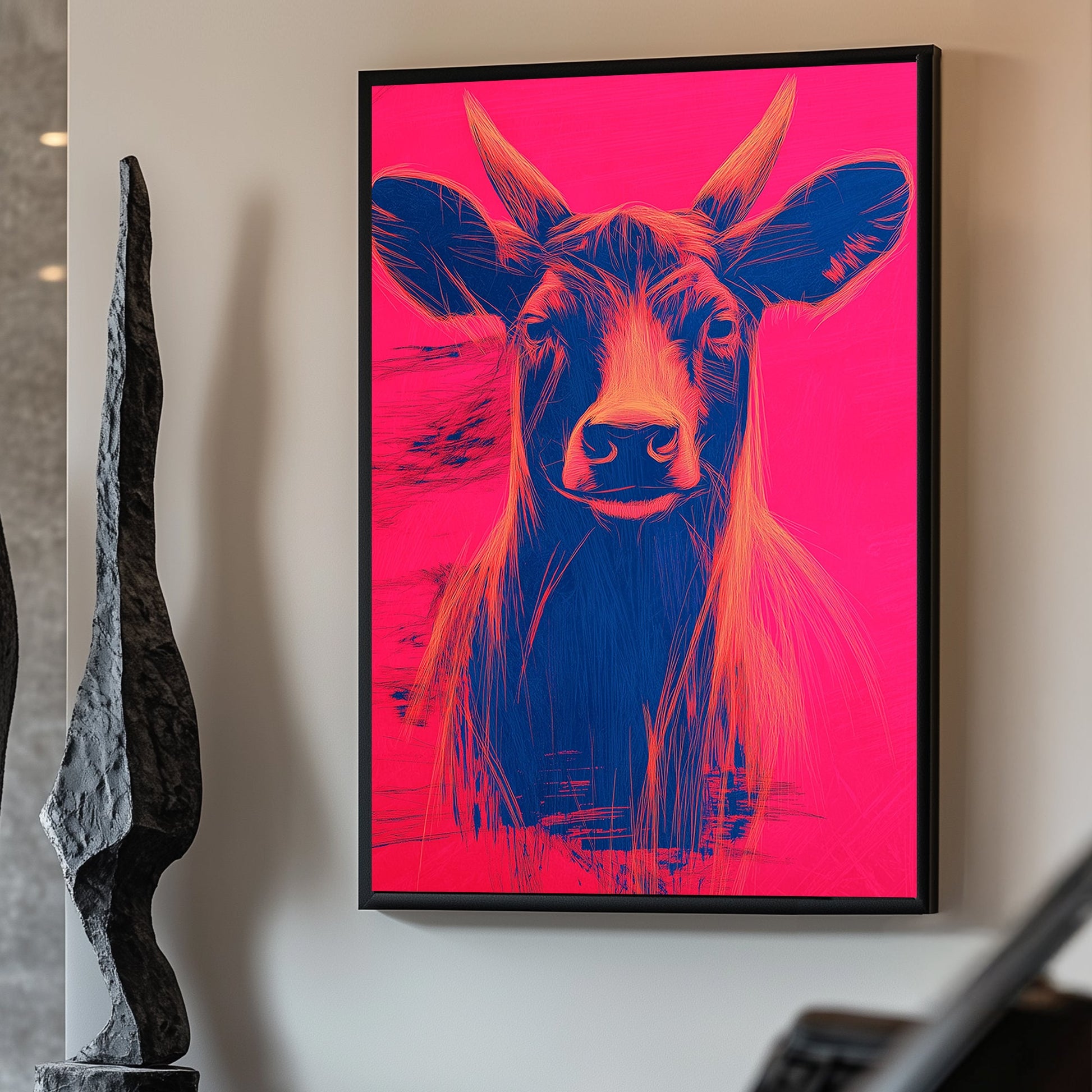 Pop art illustration of a cow with orange and blue highlights against a bright neon pink background.