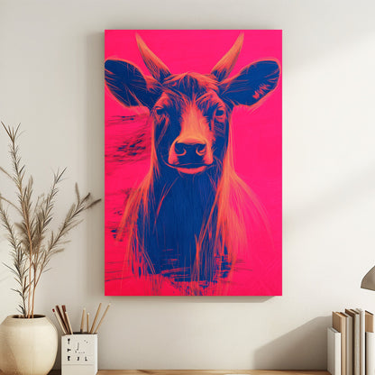 Pop art illustration of a cow with orange and blue highlights against a bright neon pink background.