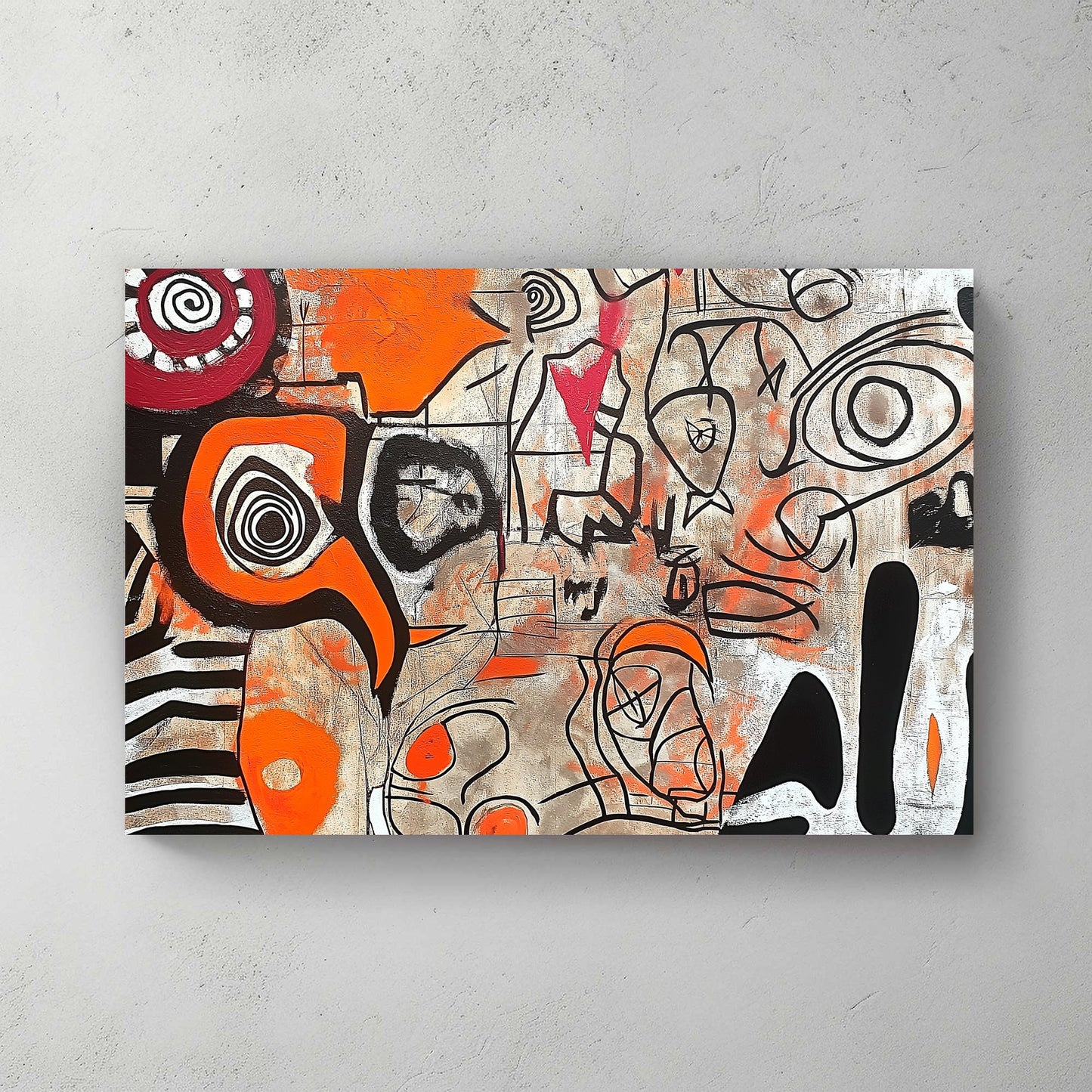 Abstract expressionism painting with orange, red, black, and white patterns and swirling lines.