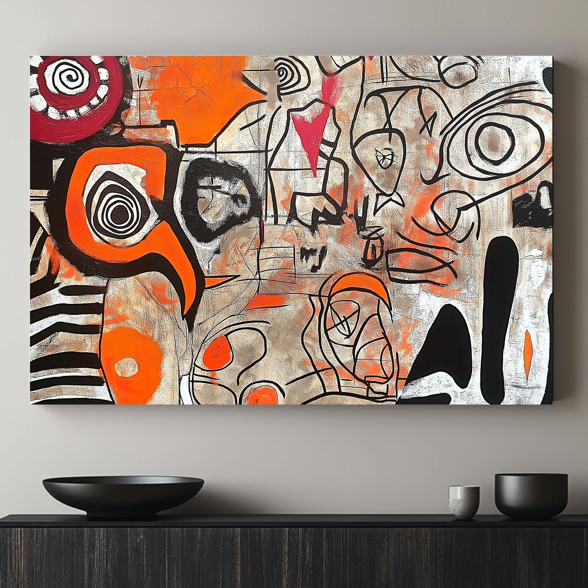 Abstract expressionism painting with orange, red, black, and white patterns and swirling lines.