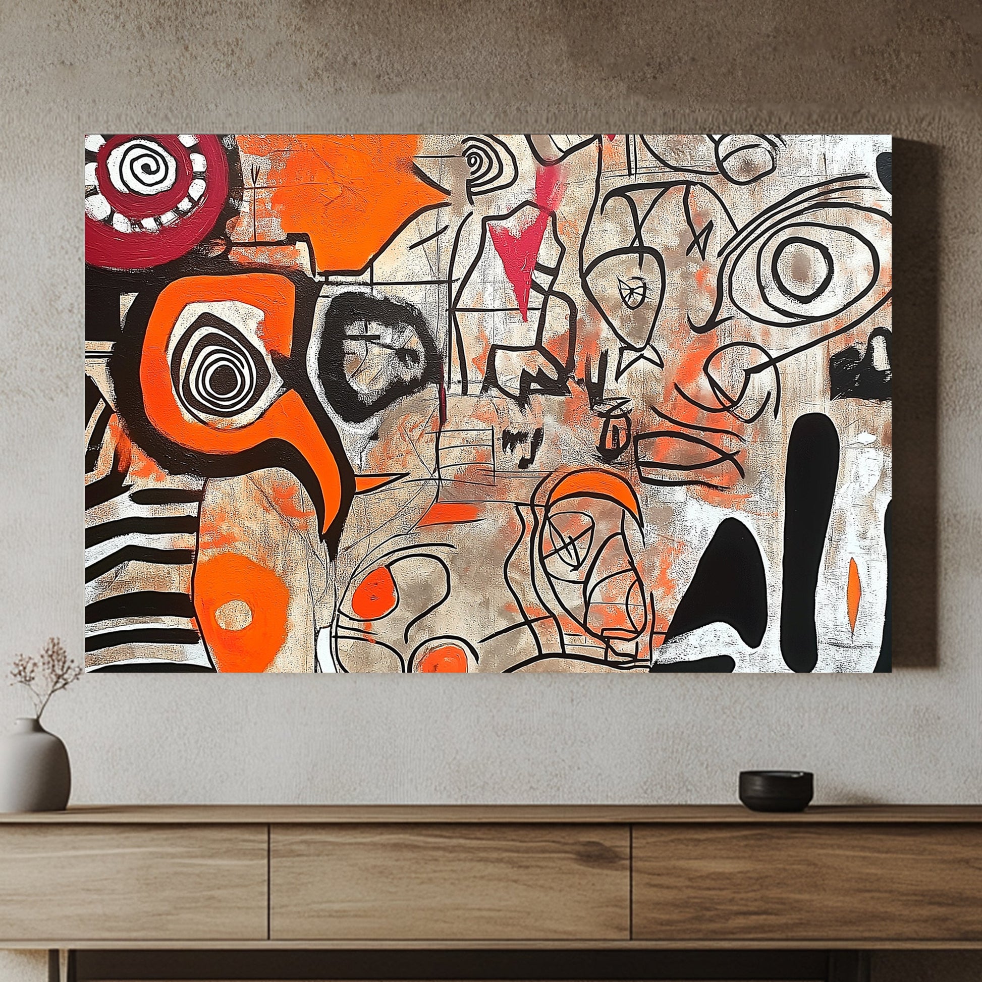 Abstract expressionism painting with orange, red, black, and white patterns and swirling lines.