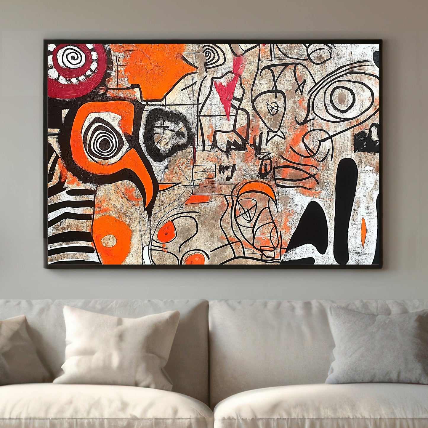 Abstract expressionism painting with orange, red, black, and white patterns and swirling lines.