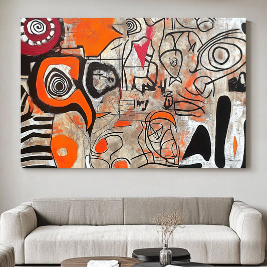 Abstract expressionism painting with orange, red, black, and white patterns and swirling lines.