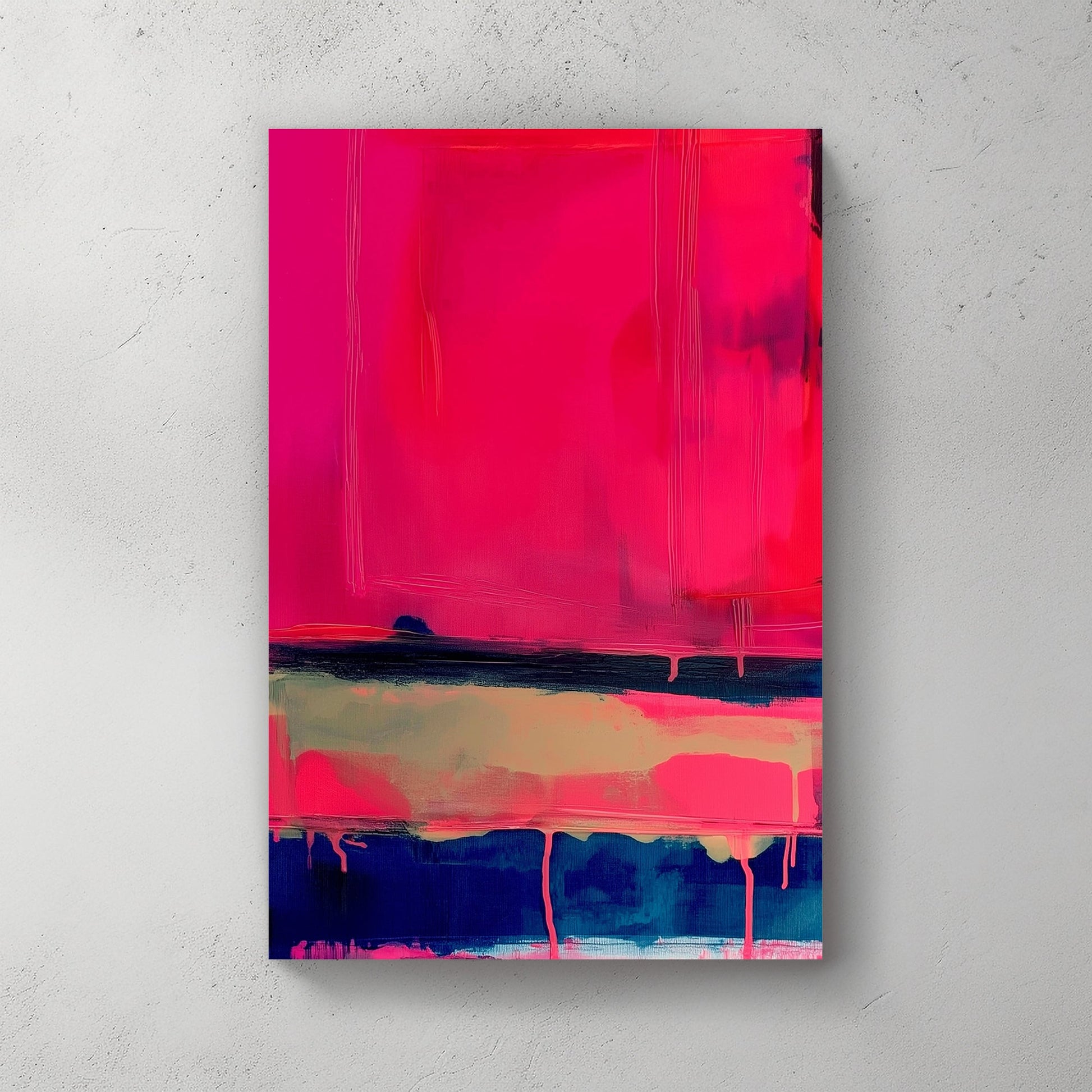 Modern abstract painting with layered neon pink, deep blue, and beige blocks and dripping paint.