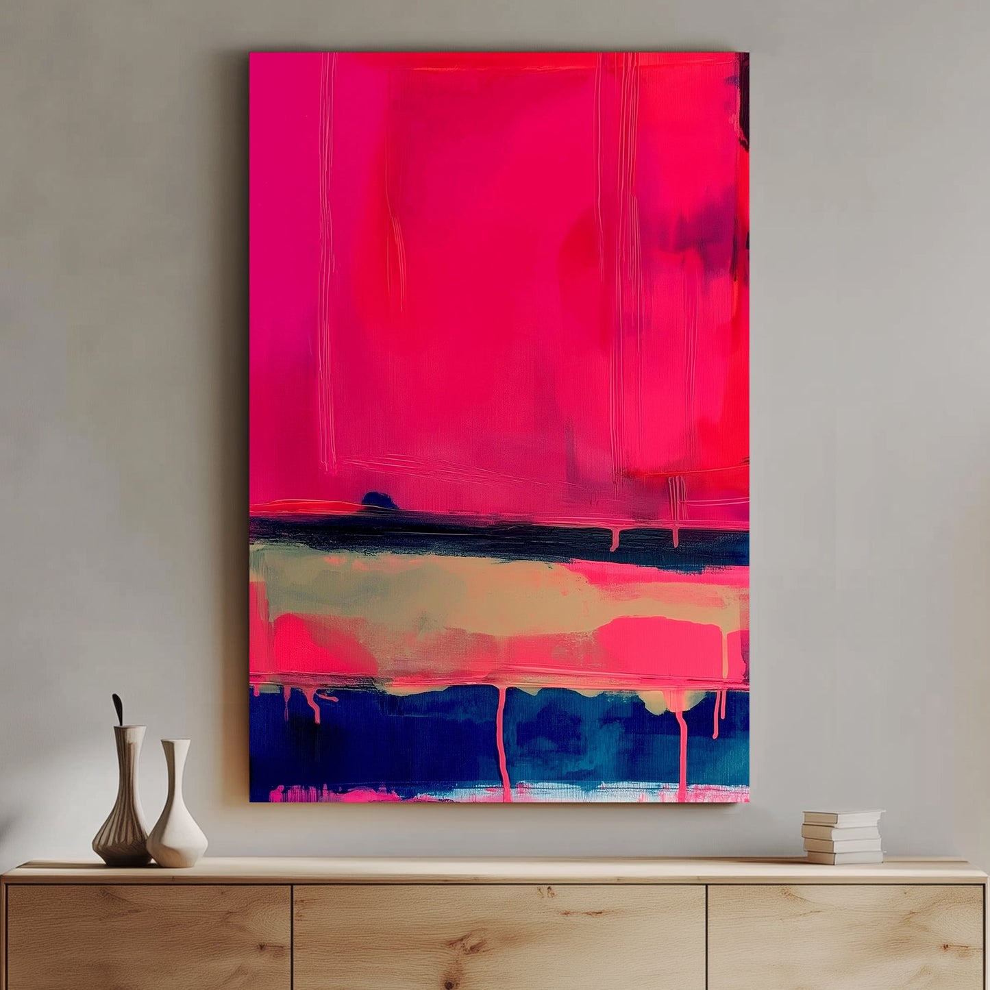 Modern abstract painting with layered neon pink, deep blue, and beige blocks and dripping paint.