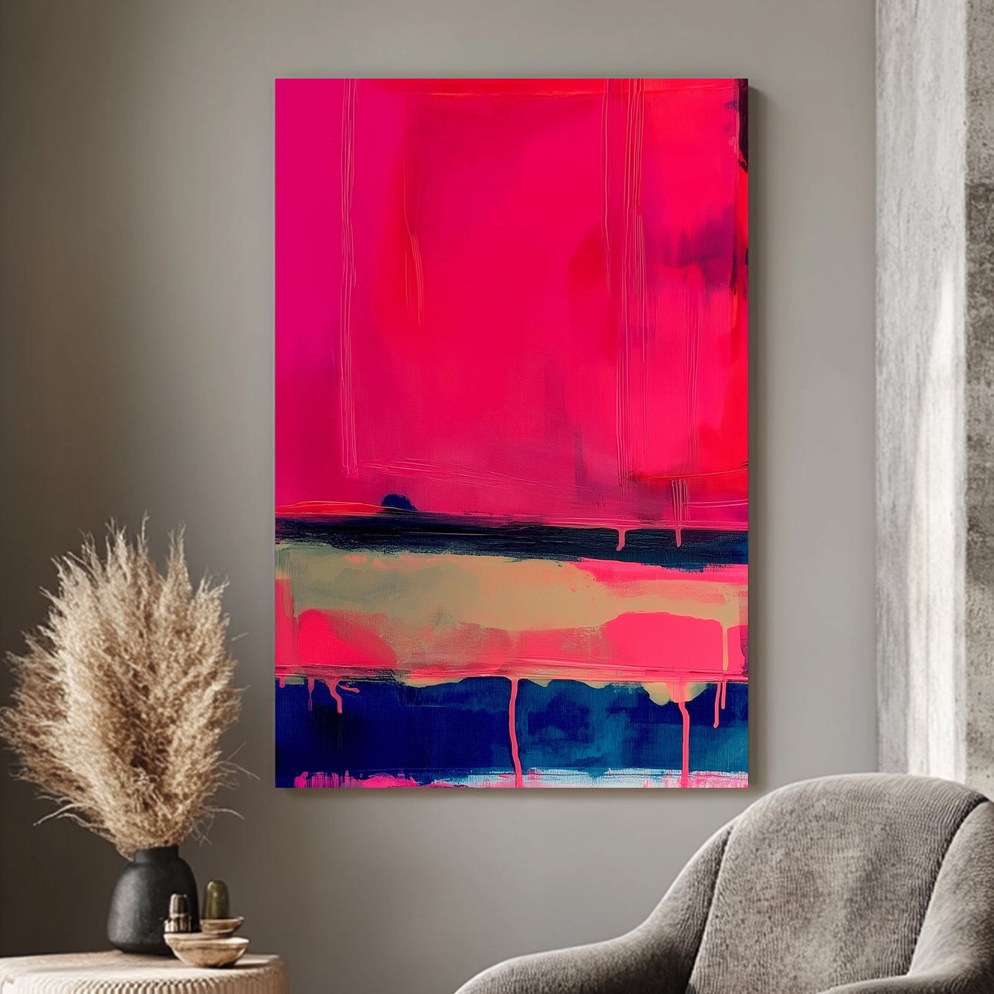 Modern abstract painting with layered neon pink, deep blue, and beige blocks and dripping paint.