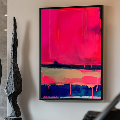 Modern abstract painting with layered neon pink, deep blue, and beige blocks and dripping paint.