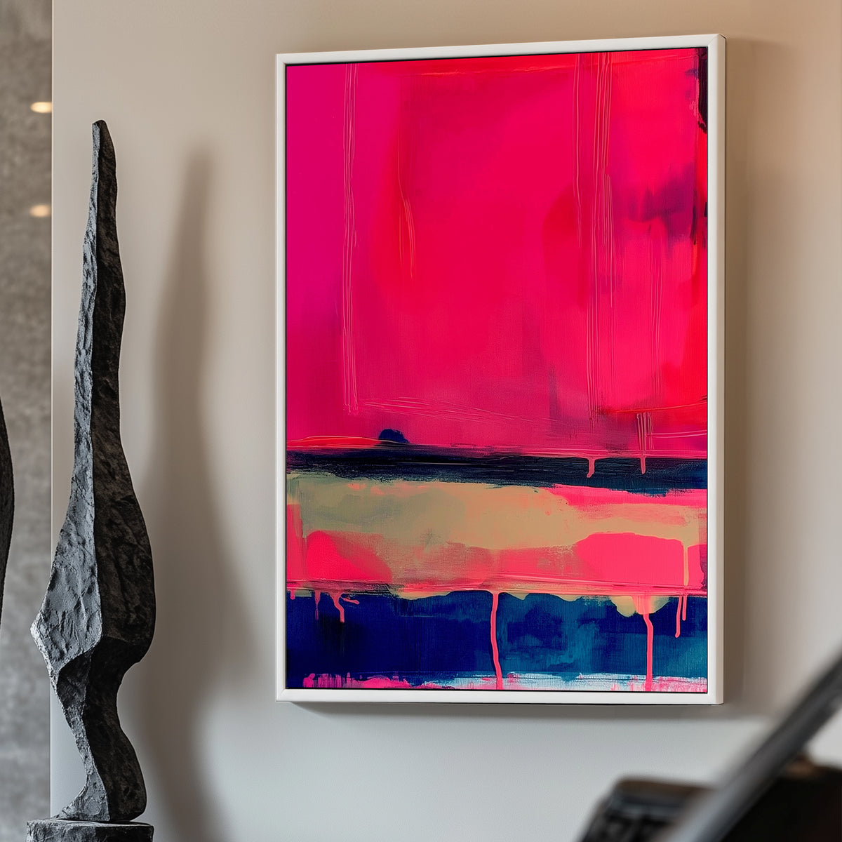 Modern abstract painting with layered neon pink, deep blue, and beige blocks and dripping paint.